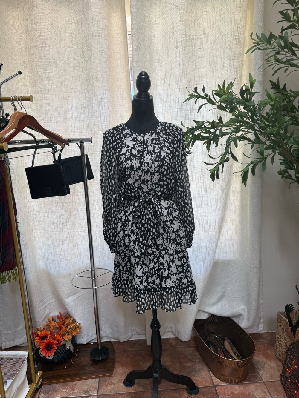 ba&sh Black and White Floral Tie-Waist Long Sleeve Dress